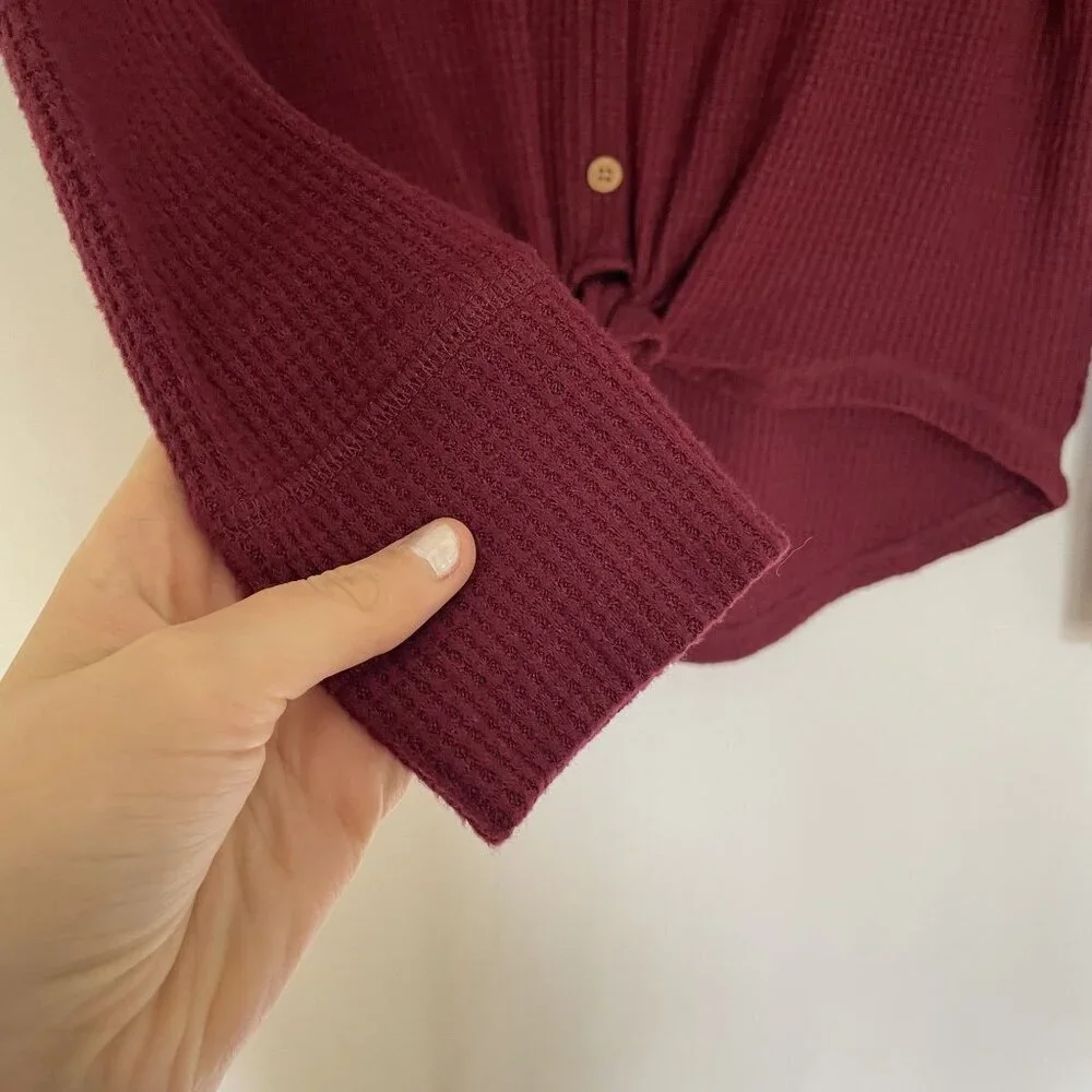 Old Navy sz L kids red waffle‎ knit faux buttons front tie long sleeved sweater